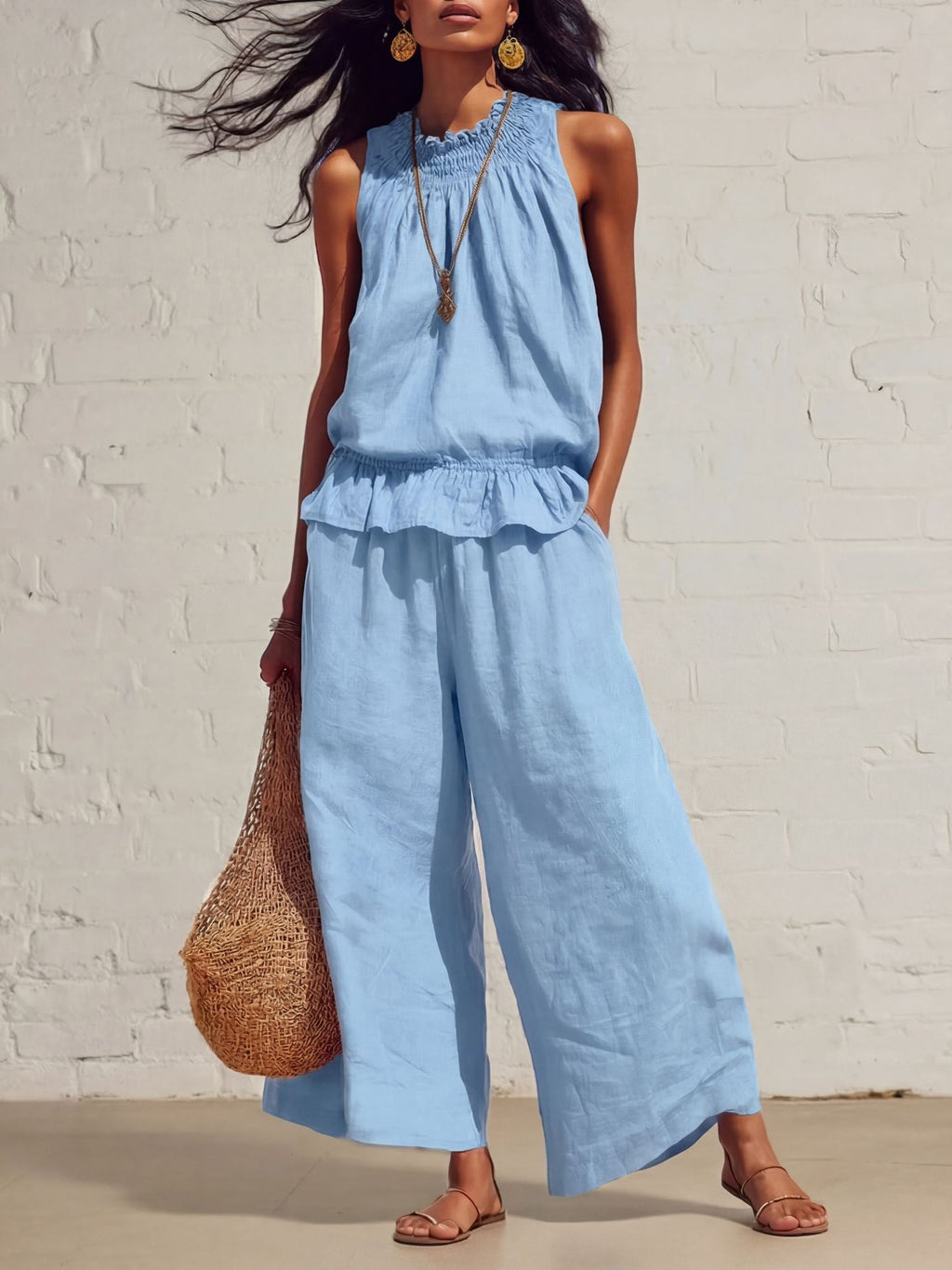 Boho Linen-Blend Sleeveless Ruffle Two-Piece Set