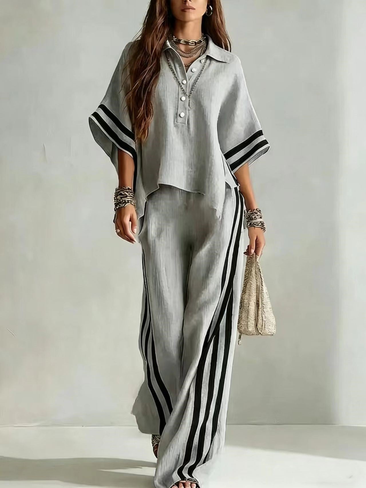 Chic Contrast Stripe Wide-Leg Two Piece Set