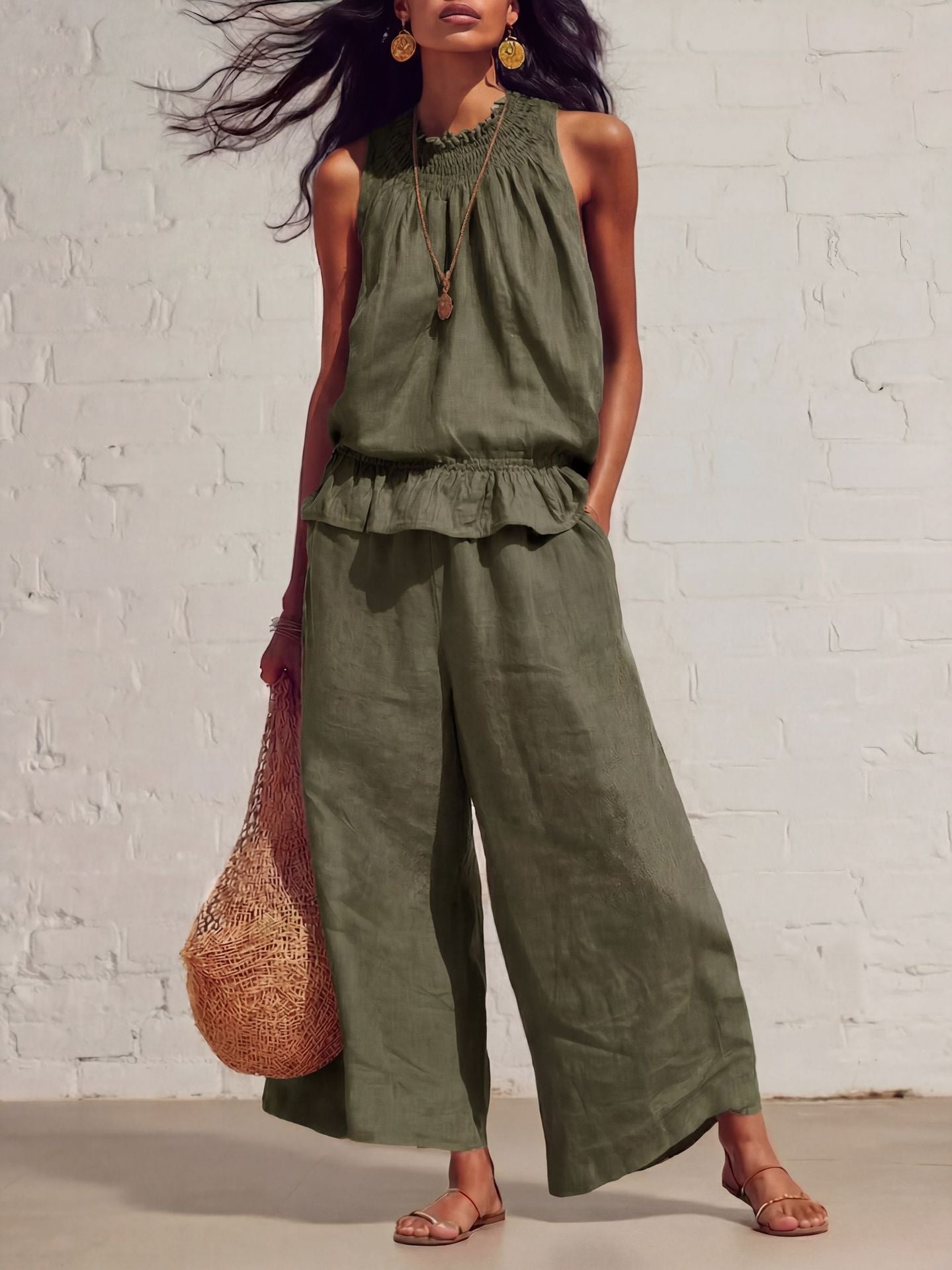 Boho Linen-Blend Sleeveless Ruffle Two-Piece Set