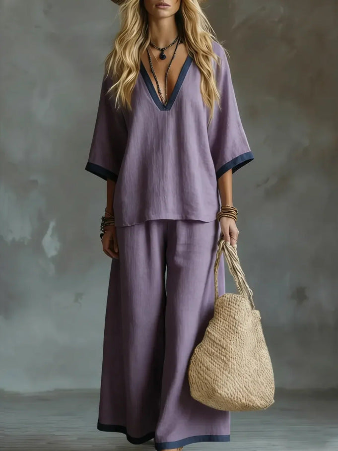 Contrast Trim Linen-Blend Two-Piece Set