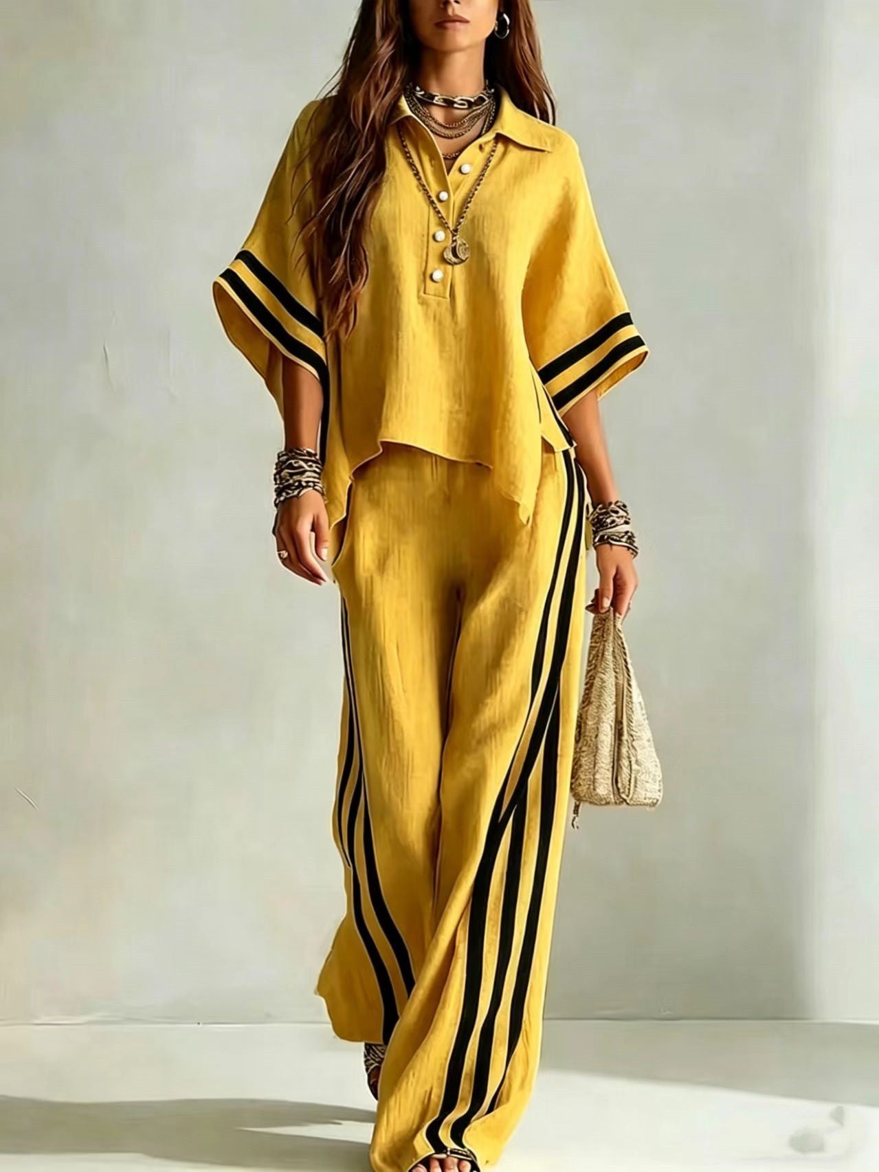 Chic Contrast Stripe Wide-Leg Two Piece Set