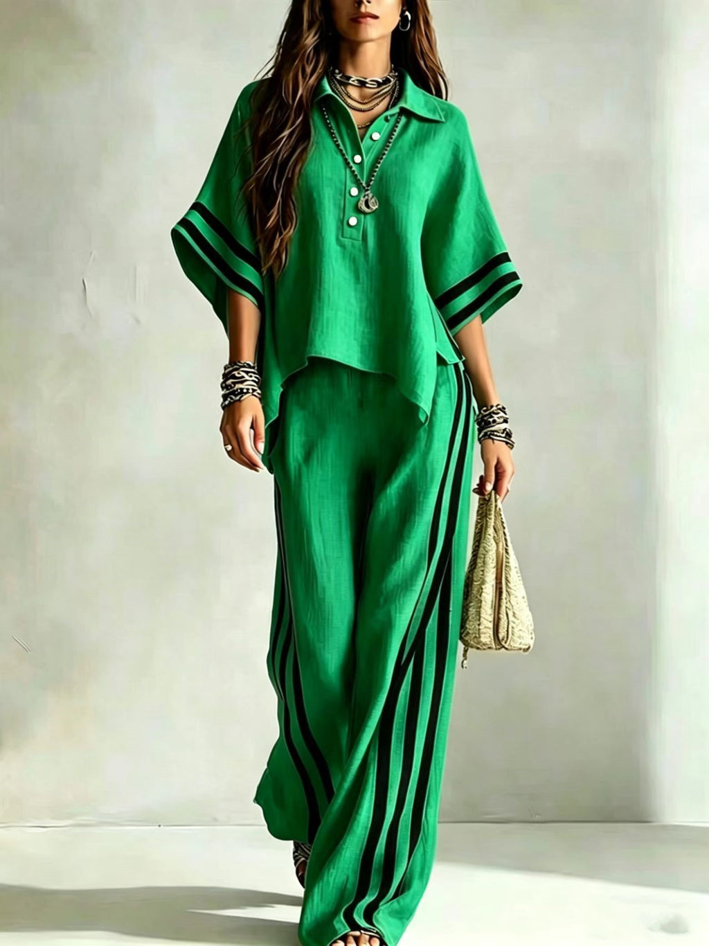 Chic Contrast Stripe Wide-Leg Two Piece Set
