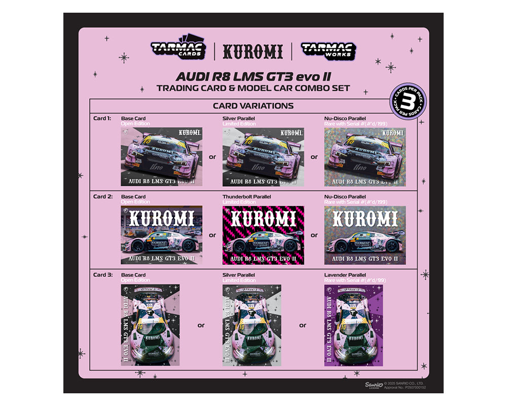 Tarmac Works 1:64 Audi R8 LMS GT3 evo II Kuromi 鈥?Uno Racing Macau GT Cup 鈥?FIA GT World Cup 2024 鈥?Adderly Fong 鈥?Hobby64 & Tarmac Cards