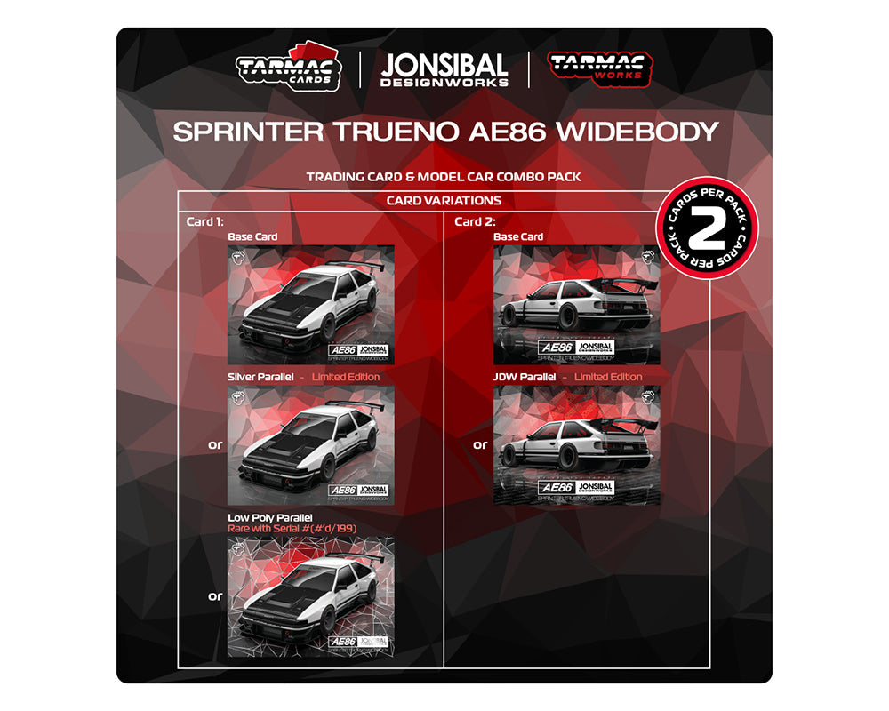 Tarmac Works 1:64 Toyota Sprinter Trueno AE86 Widebody TRD JONSIBAL in White with Trading Cards
