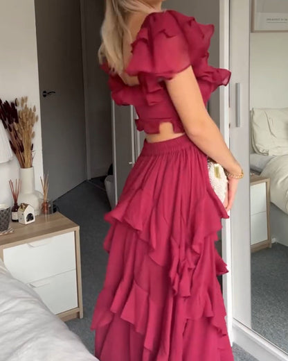 Square neck ruffle sleeves backless dress