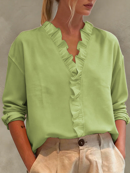 Womens Casual Long-sleeve V-neck Blouse With Lace Trim
