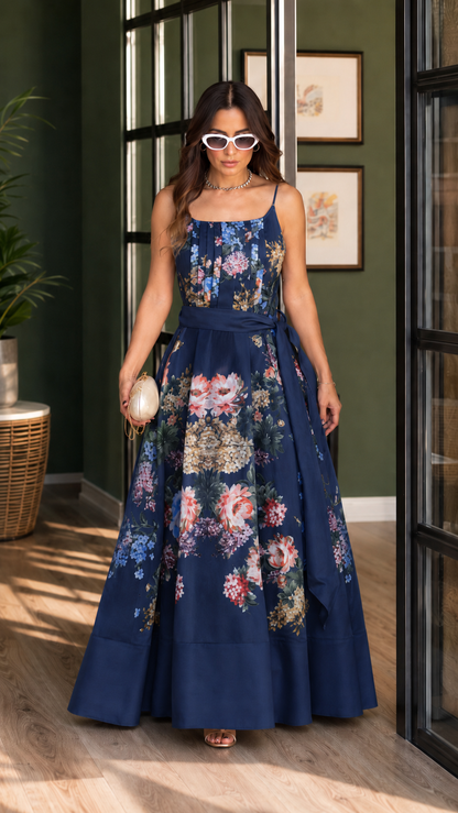 Grey Floral Tie-Waist Maxi Dress