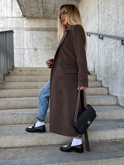 Double-breasted Lapel Split Jacket With Belt Winter Fashion Casual Long Sleeve Button Daily Coats For Women Clothing