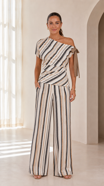 Sand Stripe One-Shoulder Wide-Leg Pant Set