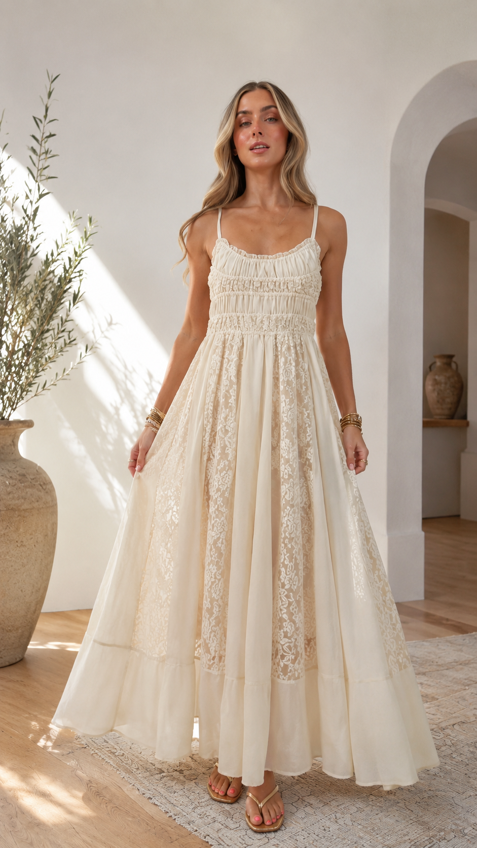 Ivory Lace Panel Smocked Maxi Dress
