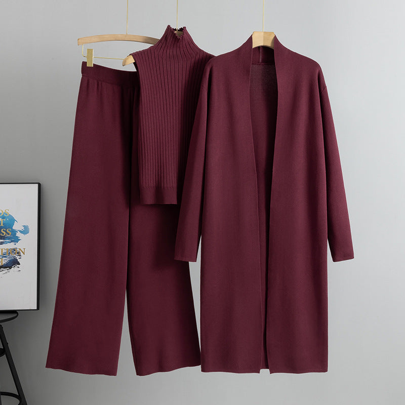 3pcs Suits Women Fashion Knitting Sleeveless Vest Sweater Long Cardigan And Wide-leg Pants Three-piece Set