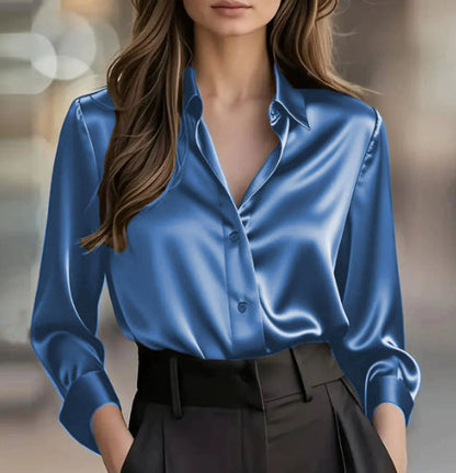 Elegant Satin Long Sleeve Blouse For Women Button-Up Collar Shirt Perfect For Casual Professional Business Work Wear Women's Clothing