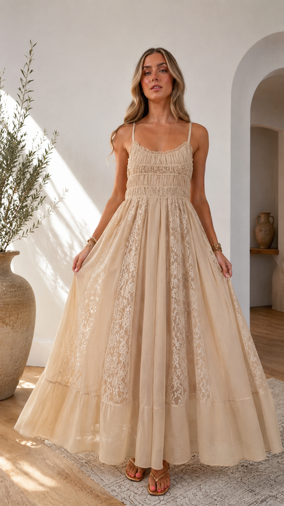 Ivory Lace Panel Smocked Maxi Dress