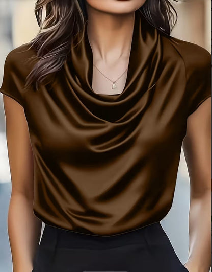 Womens Solid-color Boat-neck Drapey Short-sleeve Top