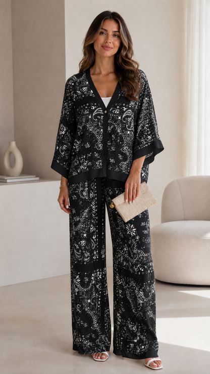 Ivory Paisley Print Kimono Sleeve Pant Set