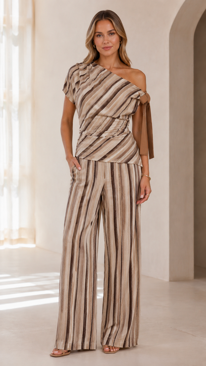 Sand Stripe One-Shoulder Wide-Leg Pant Set