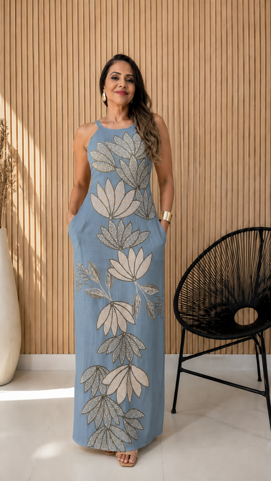 Leaf Embroidered Maxi Dress