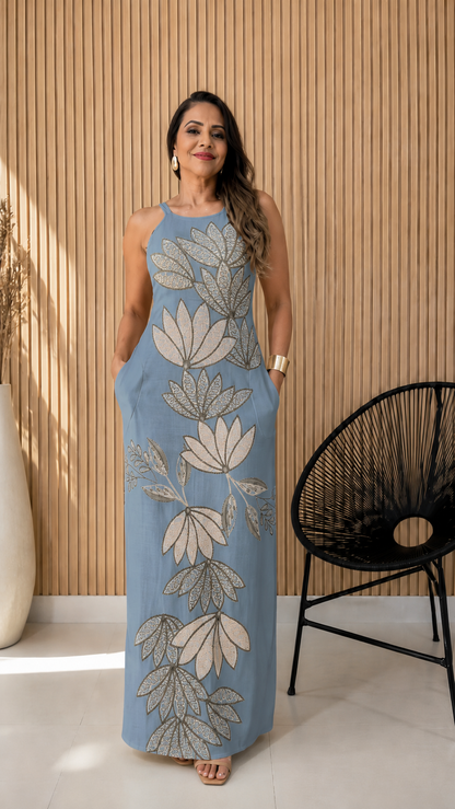 Leaf Embroidered Maxi Dress