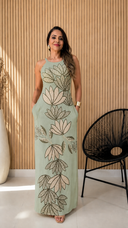 Leaf Embroidered Maxi Dress