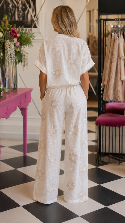Ivory Floral Embroidered Button-Up Pant Set