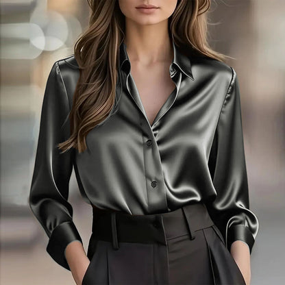 Elegant Satin Long Sleeve Blouse For Women Button-Up Collar Shirt Perfect For Casual Professional Business Work Wear Women's Clothing
