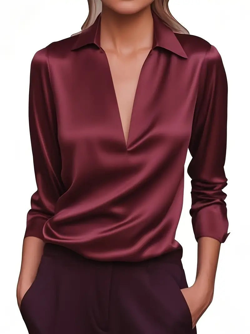 Solid Color Simple V-neck Shirt Long Sleeve Shirt