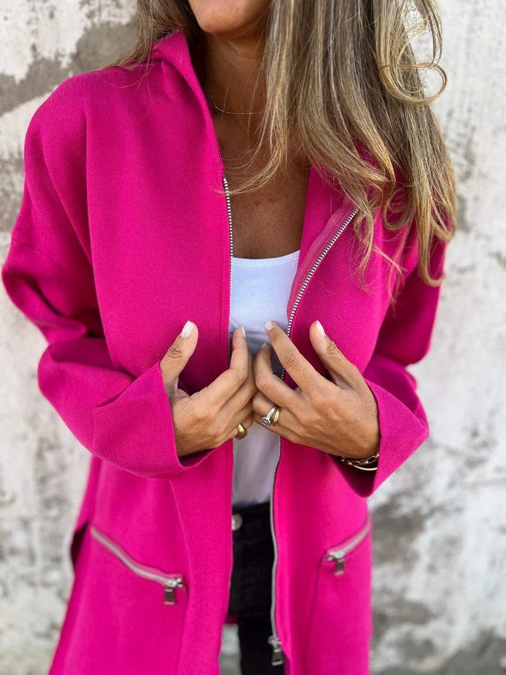 Zip-up Hooded Cardigan Coat Fashion Solid Color Pocket Jacket Fall And Winter Women's Coat Clothing
