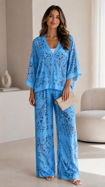Ivory Paisley Print Kimono Sleeve Pant Set
