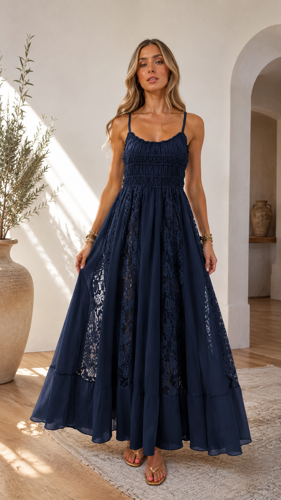 Ivory Lace Panel Smocked Maxi Dress