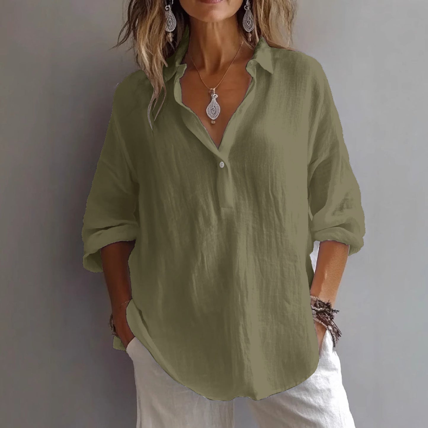 Fashion Long-sleeved Lapel Pullover Shirt Casual Loose Solid Color T-shirt Tops Women's Clothing