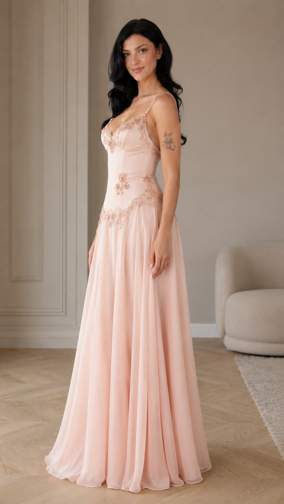 Floral Appliqué A-Line Evening Gown