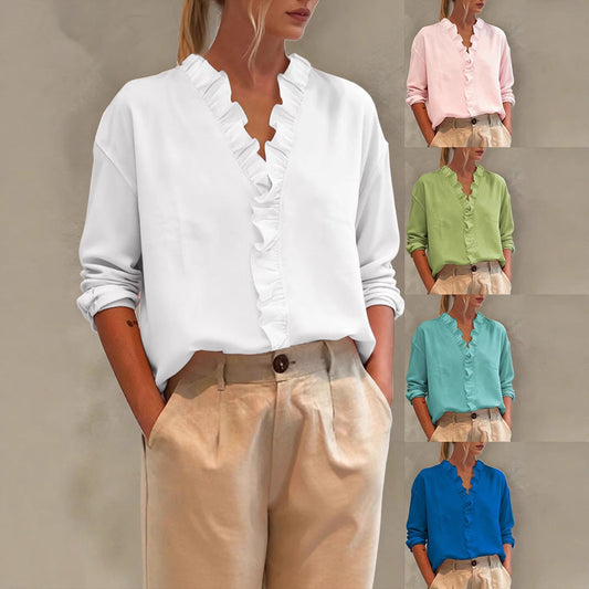Womens Casual Long-sleeve V-neck Blouse With Lace Trim