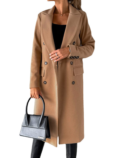 Double Breasted Lapel Coat Winter Fashion Solid Slim Long Jacket Long Sleeve Tops Womens Clothing