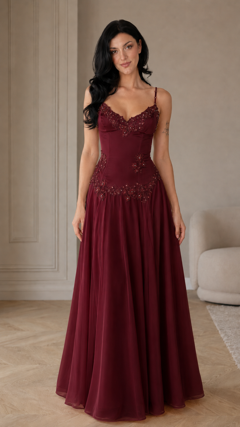 Floral Appliqué A-Line Evening Gown