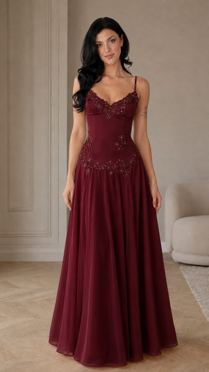 Floral Appliqué A-Line Evening Gown