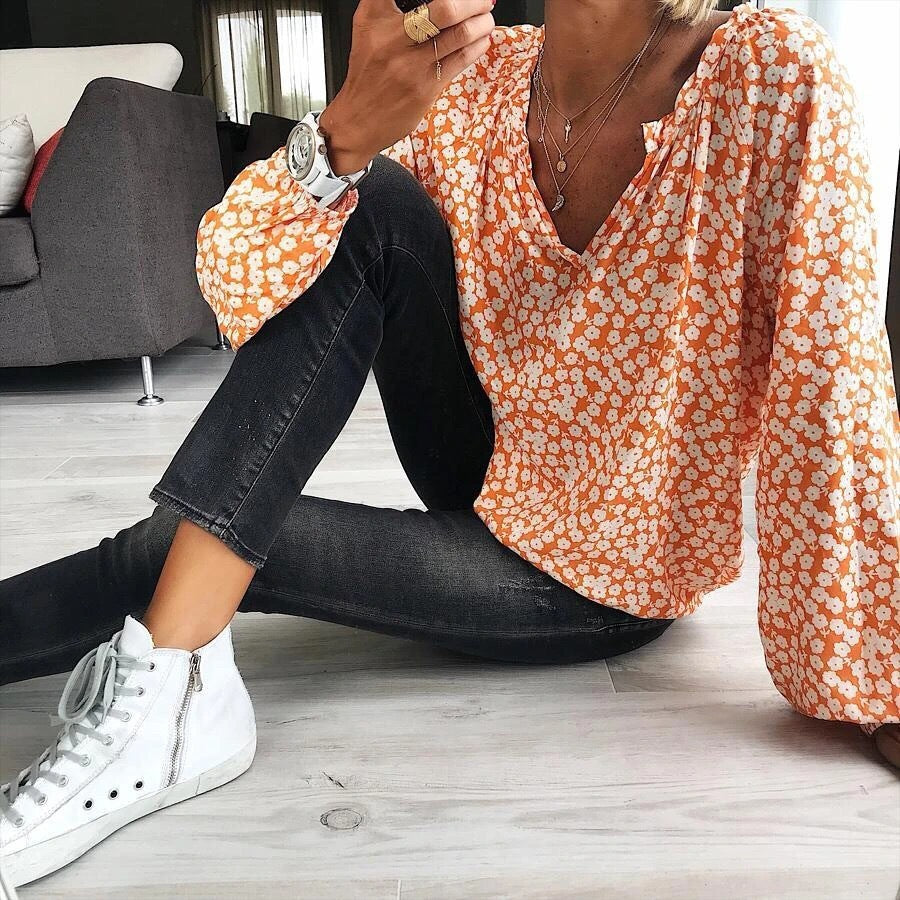 Printed Loose Long-sleeved Shirt Top T-shirt Women
