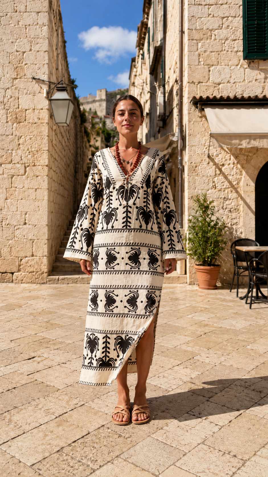 Mediterranean Print Midi Dress