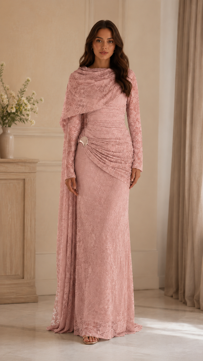 Lace Embellished Cape Sleeve Evening Gown