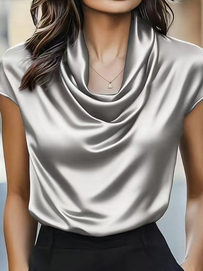 Womens Solid-color Boat-neck Drapey Short-sleeve Top