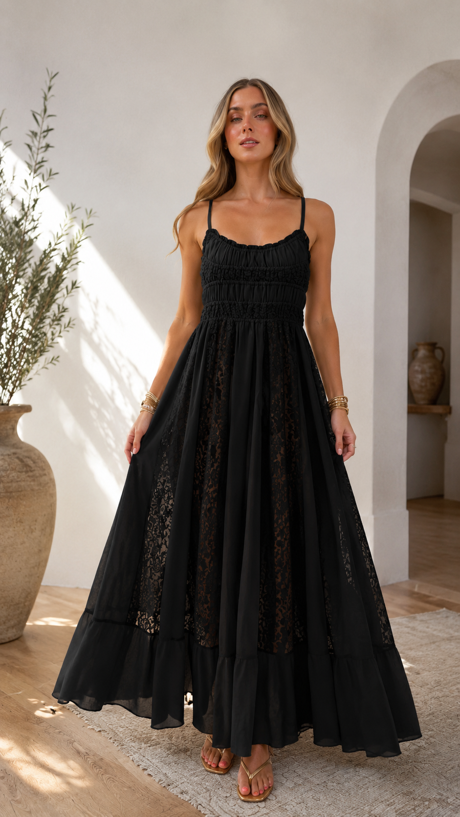 Ivory Lace Panel Smocked Maxi Dress