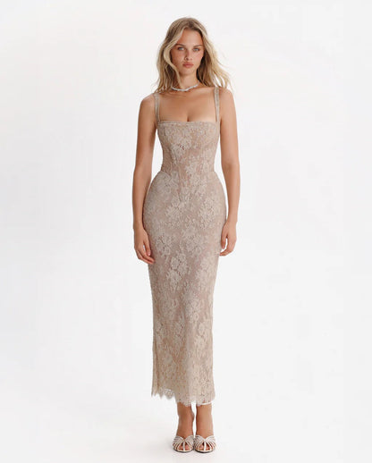 Midnight Stardust Lace Corset Midi Dress