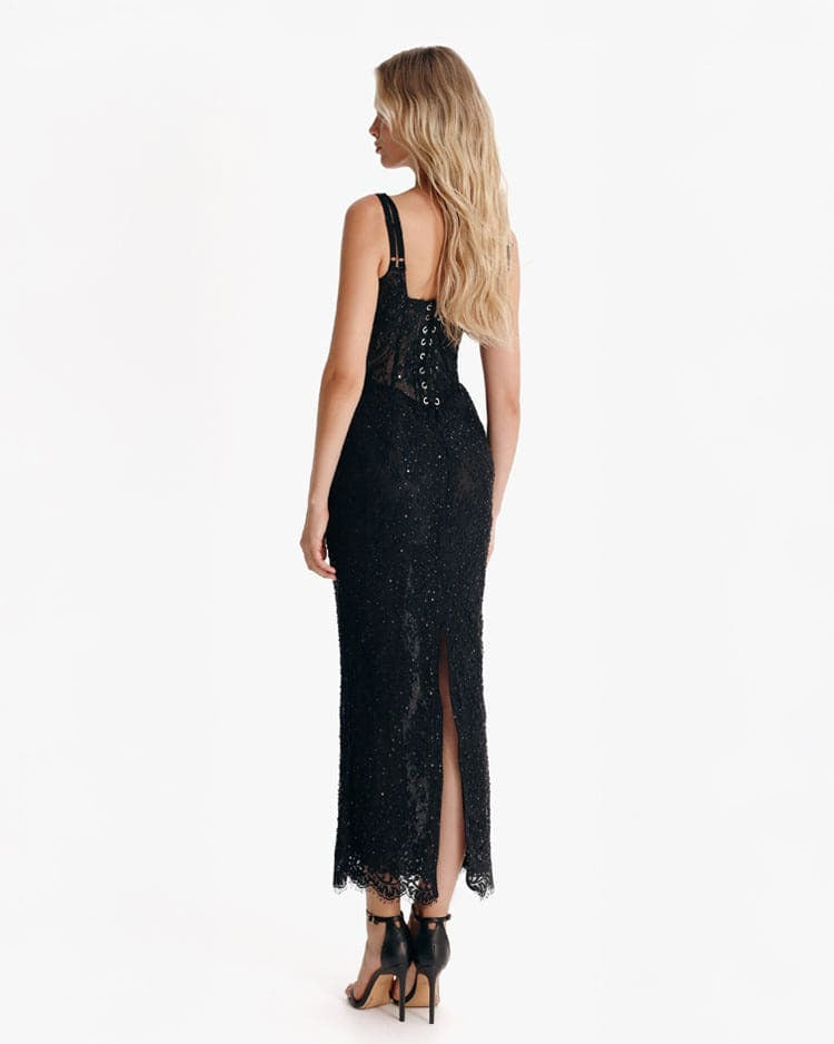 Midnight Stardust Lace Corset Midi Dress