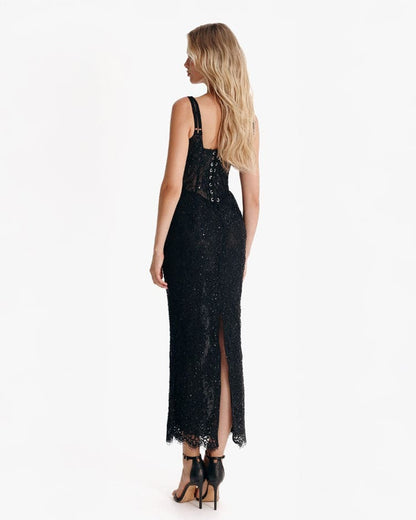 Midnight Stardust Lace Corset Midi Dress